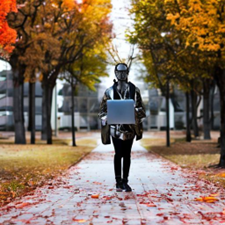 A cyborg at a university in the fall